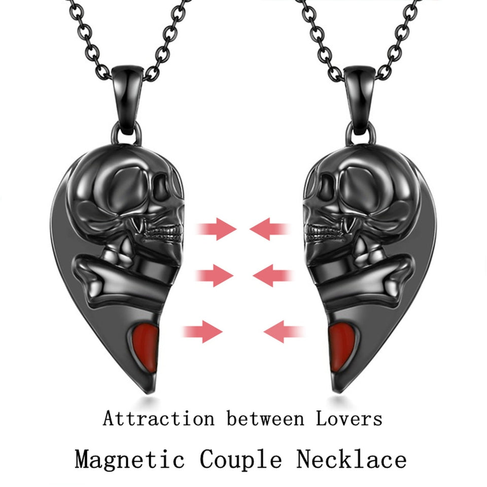 2023 New  Heart Shape Magnetic Attract Couples Skull Necklace