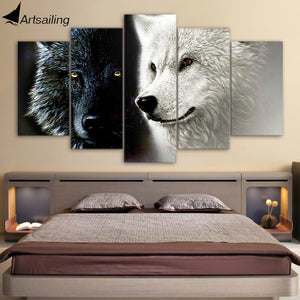 5 Piece Canvas Black White Wolf