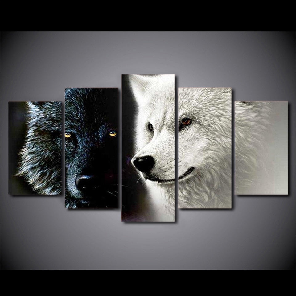 5 Piece Canvas Black White Wolf